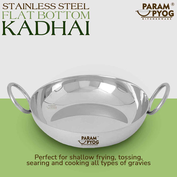 Stainless Steel Flat Bottom Kadhai 3.5 Liters