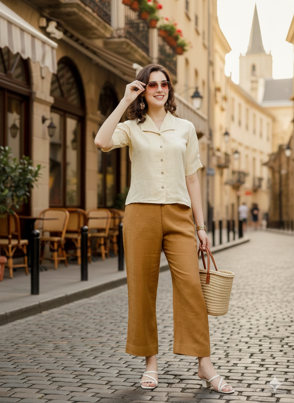 Lisa - Pure Linen Box Pleated Top - Light Tea Yellow