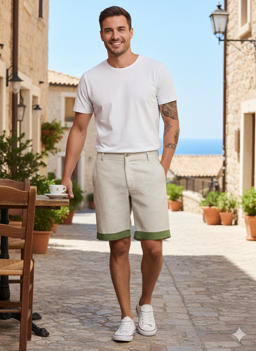 Dew - Pure Linen Contrast Stripe Shorts - Ecru & Cossack Green