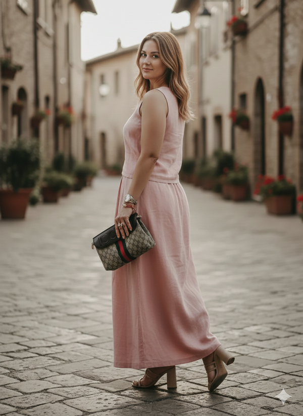 Dara - Pure Linen Sleeveless With Skirt Women's Co-ord Set - Salmon Pink