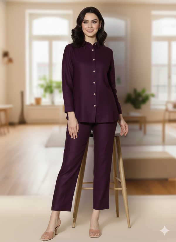 Ivy - Pure Linen Full Sleeve Women's Co-ord Set - Dark Purple