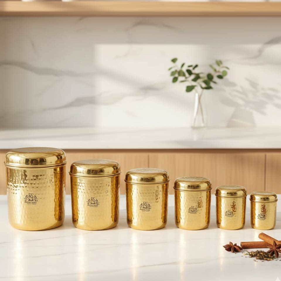6 All Size Set of Brass Containers | Brass Storage Boxes | Brass Dabba