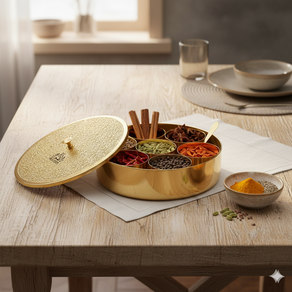Pure Brass Spice Box (Masala Dani) Set With 1 Spoon And 7 Containers For Kitchen