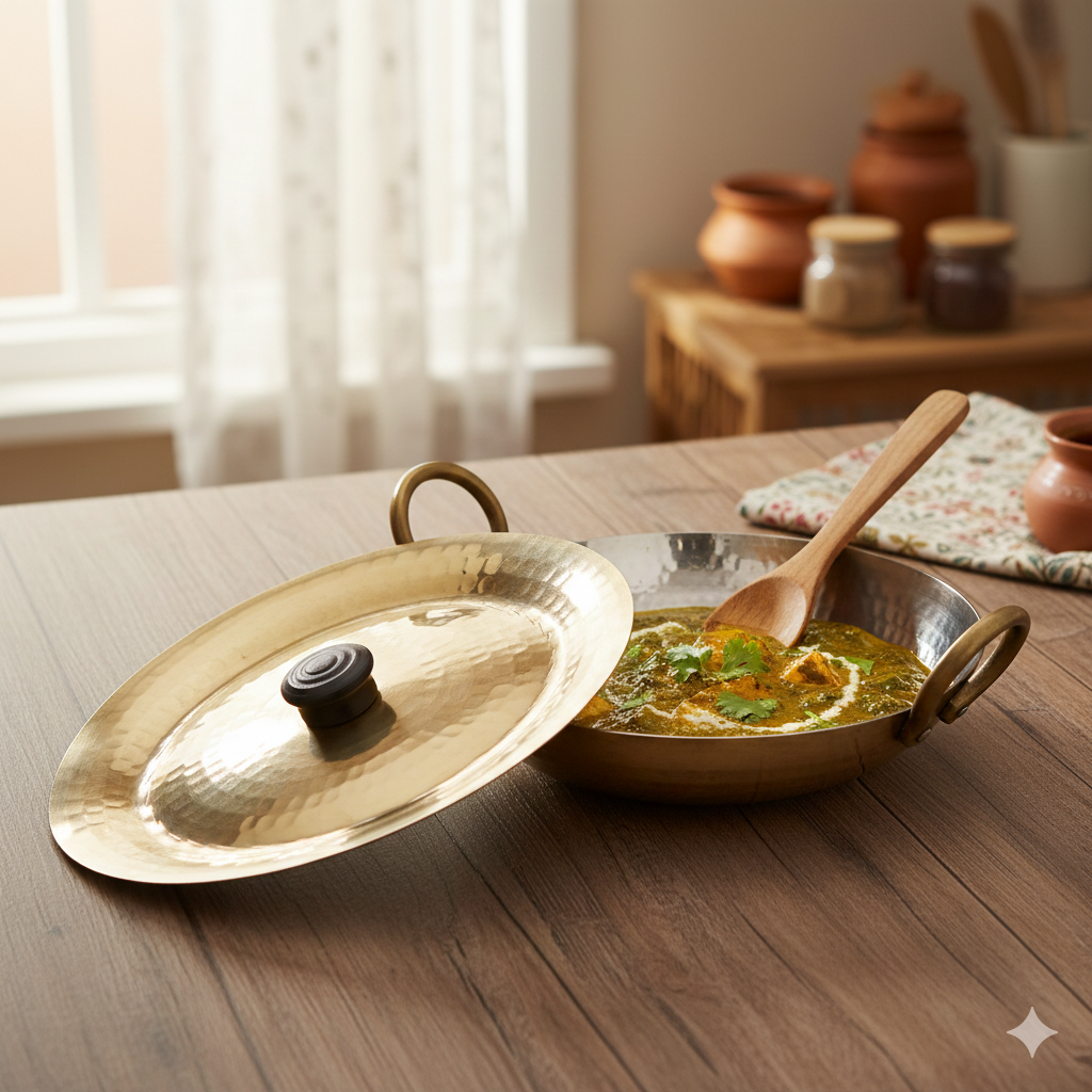 Round Base Handmade Brass Kadhai with Tin (Kalai) Coating & Brass Lid