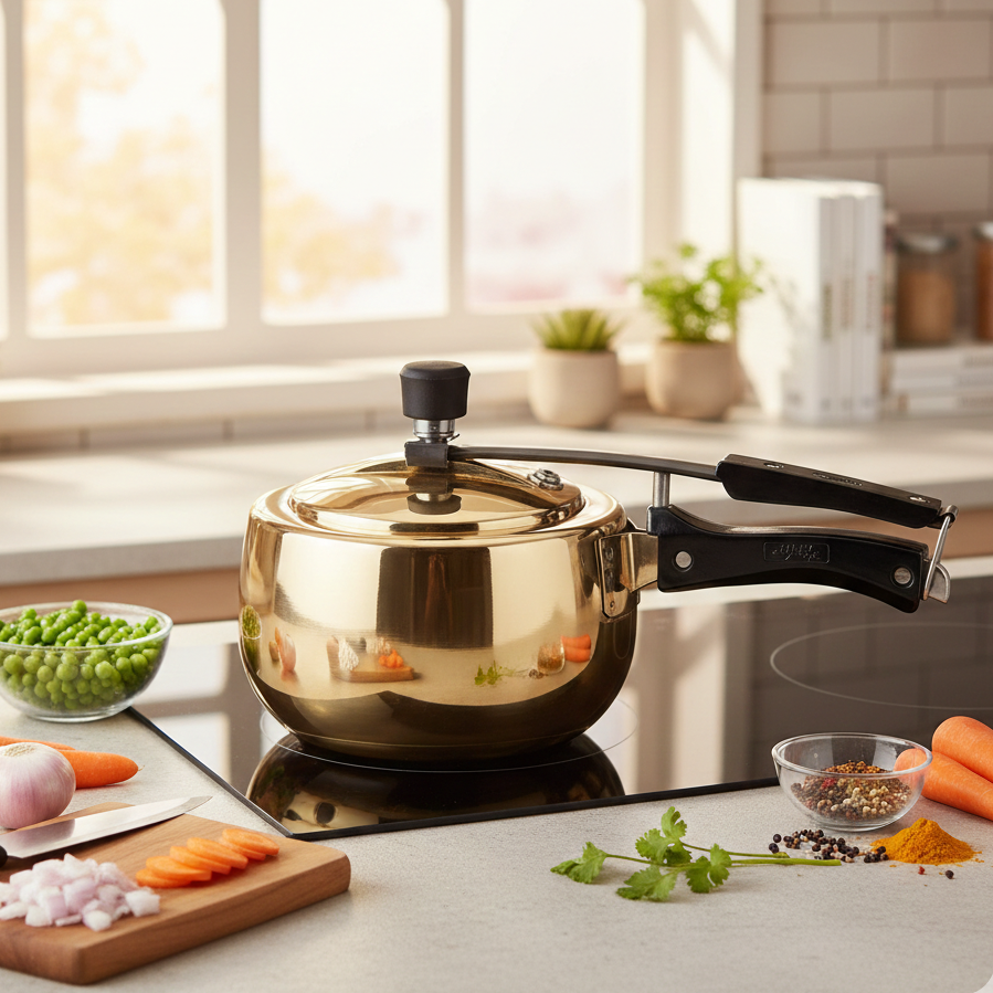 Handmade Brass Pressure Cooker with Kalai (Tin) Coating Inside – 2L, 3L & 5L
