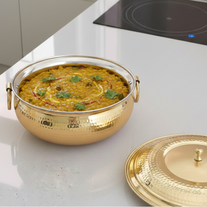 Hammered Mughlai Style Brass Handi with Lid & Tin (Kalai) Coating – Traditional Heavy Brass Cooking Pot | 3 Sizes | RoyalStuffs