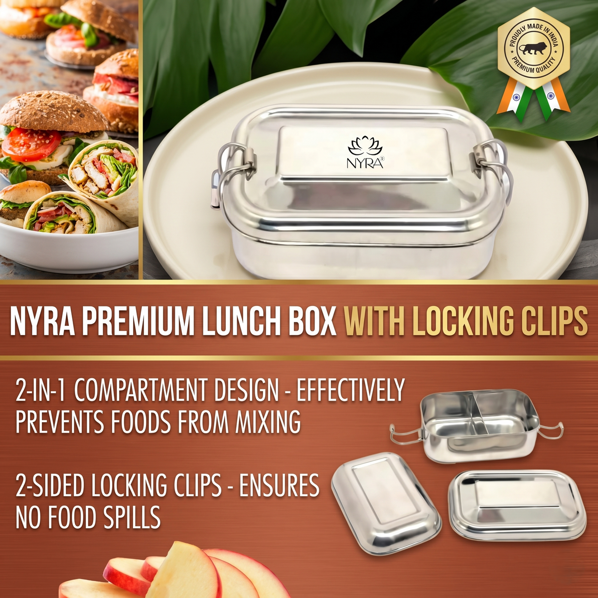 Stainless Steel Lunch Box with Locking Clip | Durable Food Container