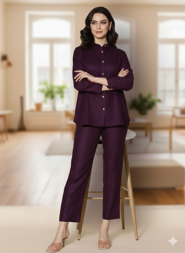 Ivy - Pure Linen Full Sleeve Women's Co-ord Set - Dark Purple