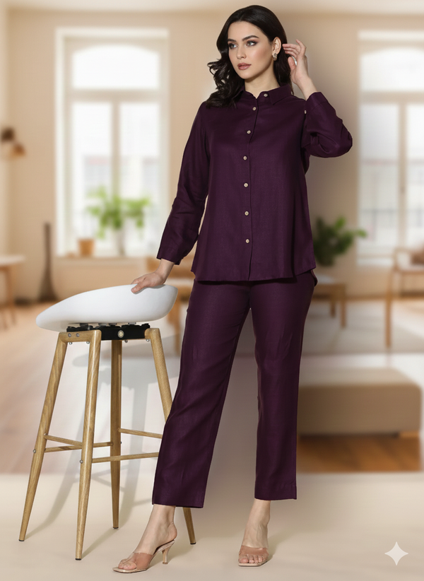 Ivy - Pure Linen Full Sleeve Women's Co-ord Set - Dark Purple
