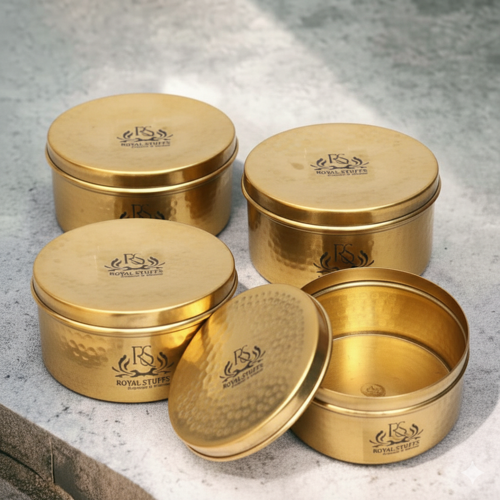 ROYALSTUFFS Pure Brass Gold Hammered Laddu Box,Lunch Box,Storage Box Set Of - 4