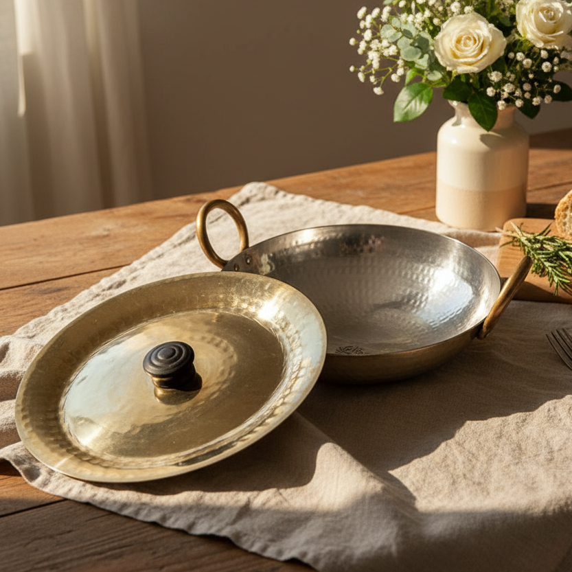 Round Base Handmade Brass Kadhai with Tin (Kalai) Coating & Brass Lid