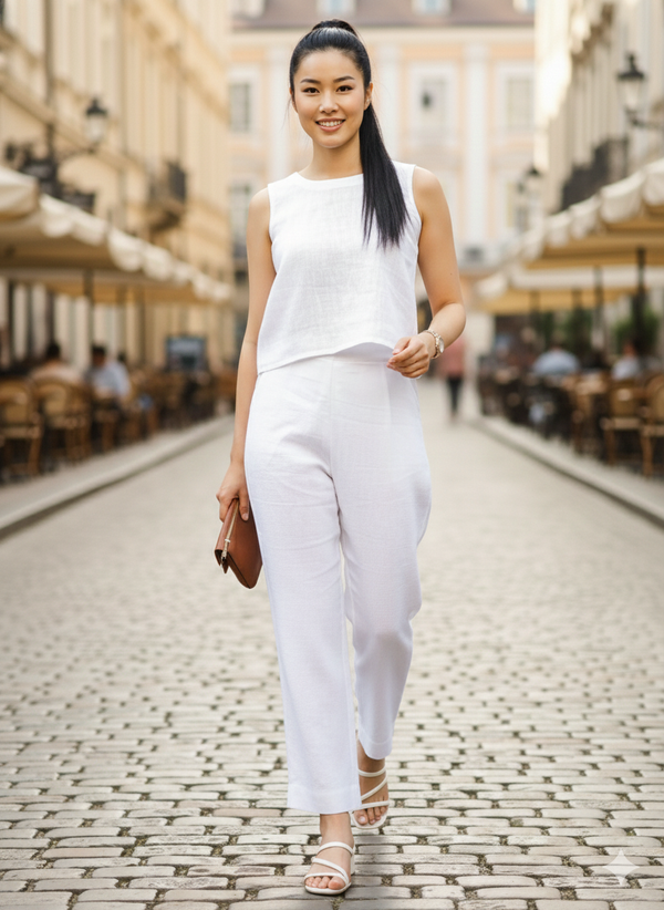 Nora - Pure Linen Sleeveless Crop Top - White