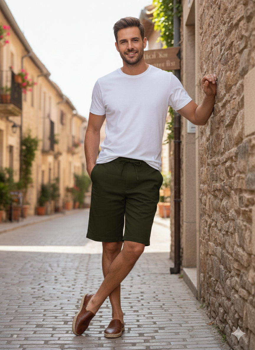 Draw String Pure Linen Shorts - Dark Green