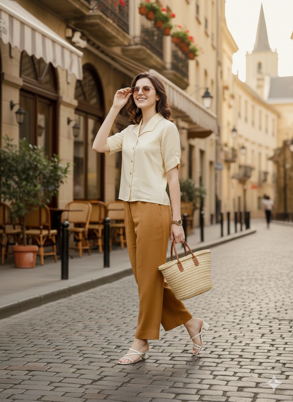 Lisa - Pure Linen Box Pleated Top - Light Tea Yellow