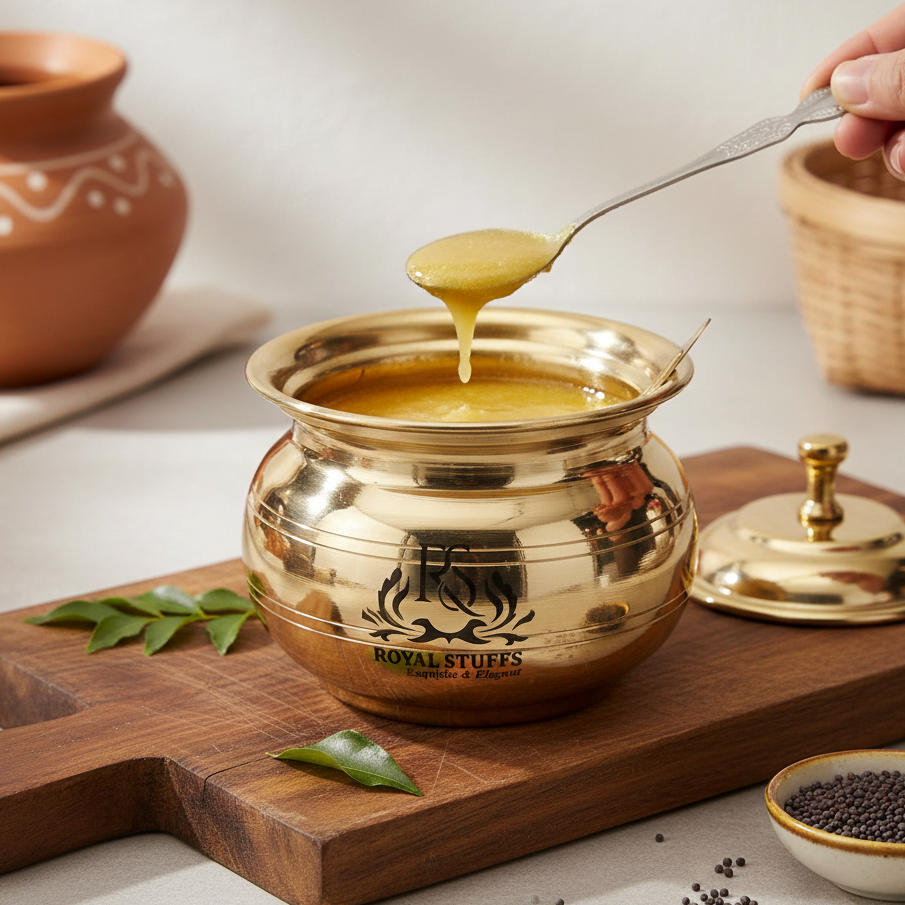 Golden Antique Brass Ghee & Oil Pot/Pickle Pot, Multipurpose Container 250 ML with Lid and Spoon