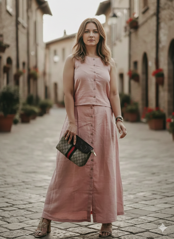 Dara - Pure Linen Sleeveless With Skirt Women's Co-ord Set - Salmon Pink