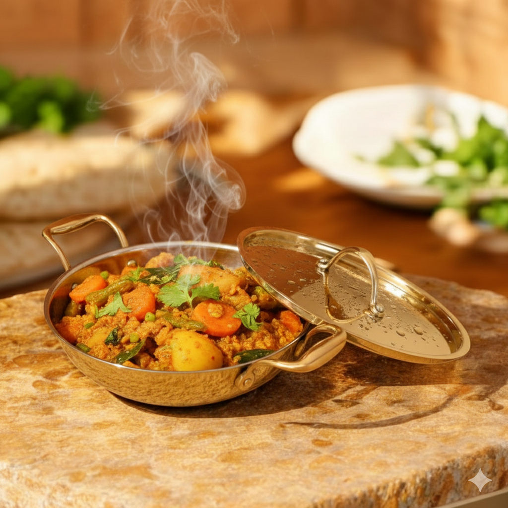 Flat Base Brass Kadhai with Lid & Tin (Kalai) Coating – Traditional Heavy Brass Cookware | RoyalStuffs