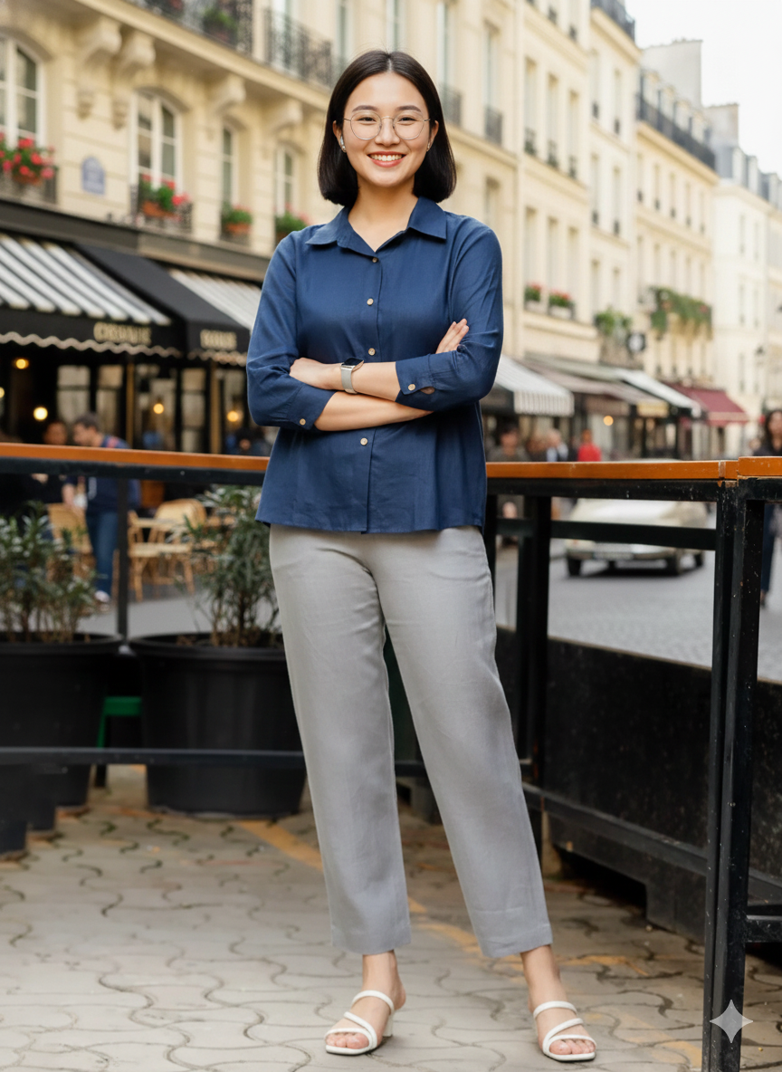 Sarah - Pure Linen Full Sleeve Shirt With Side Panels - Navy Blue