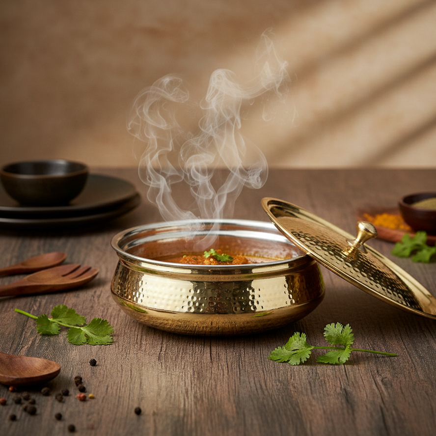 Hammered Brass Handi with Lid & Tin (Kalai) Coating – Traditional Heavy Brass Cooking & Serving Pot | RoyalStuffs
