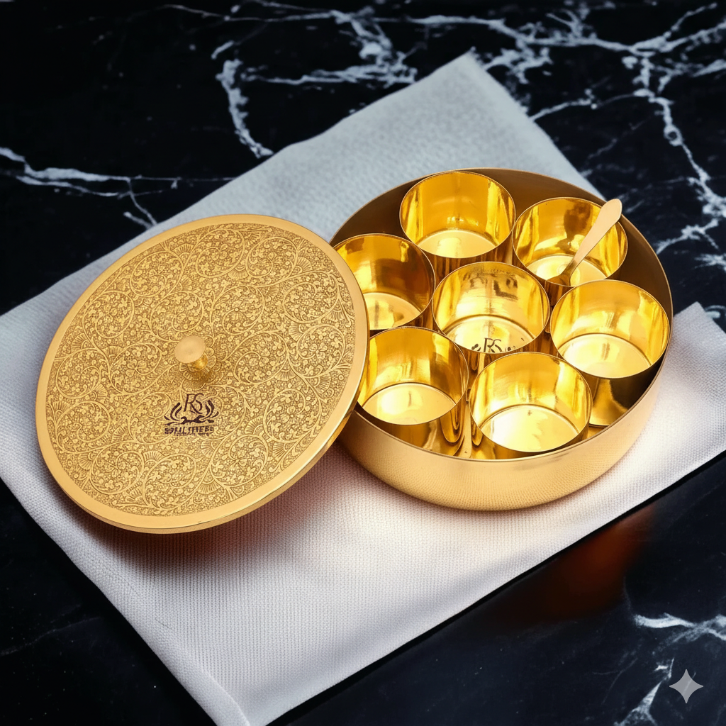 Pure Brass Spice Box (Masala Dani) Set With 1 Spoon And 7 Containers For Kitchen