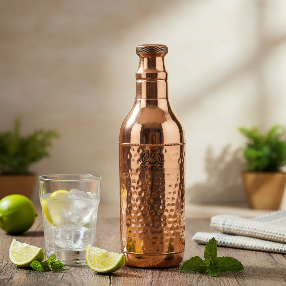 Handcrafted Copper Water Bottle 1200 ML | Hammered Polish Water Bottle Leak Proof | Copper Bottle Champagne Shape For Water