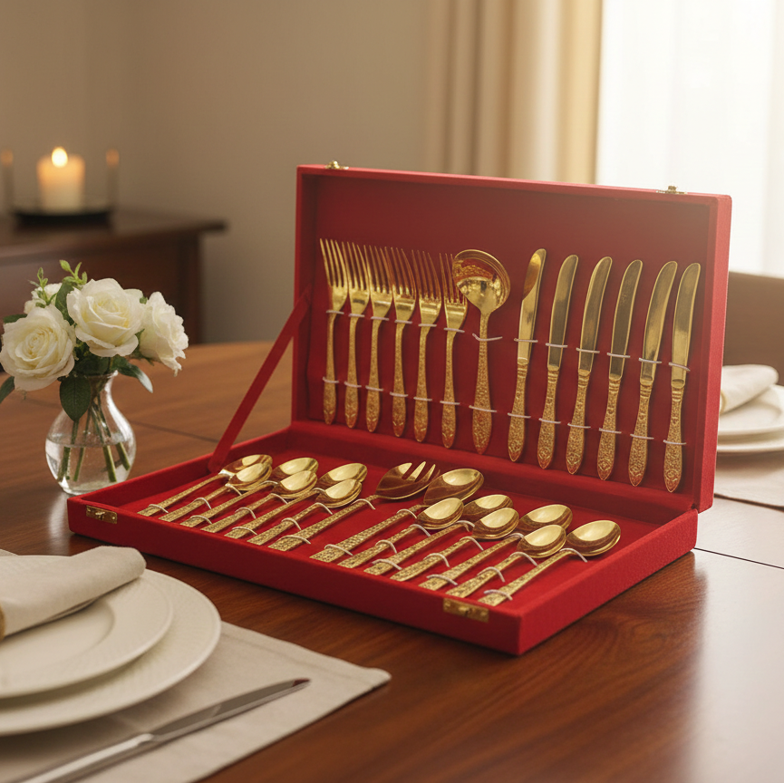 27-Piece Brass Cutlery Set in Premium Red Velvet Box – Royal Dining & Gifting Collection | RoyalStuffs