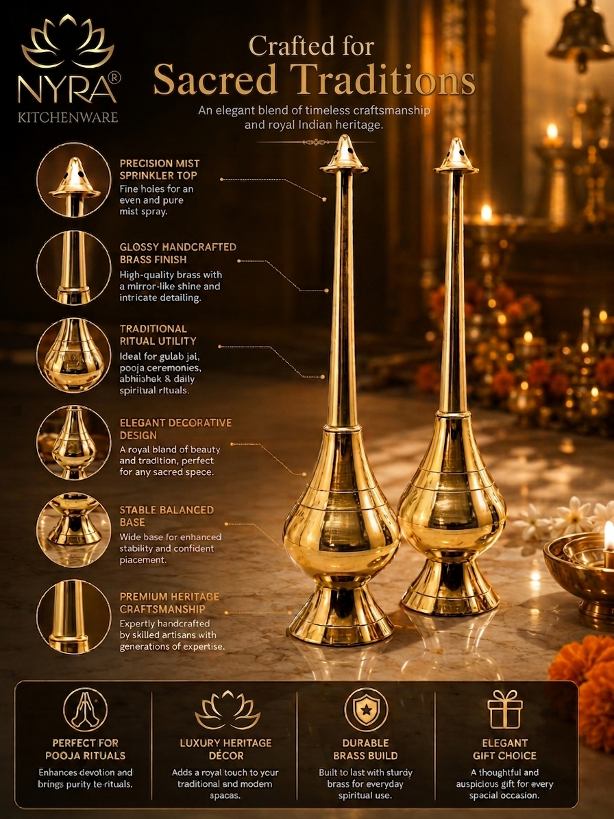 Brass/Peetal Sprinkler Bottle for Ganga Jal, Rose water and Perfume for Traditional Rituals