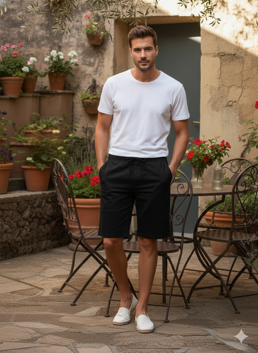 Draw String Pure Linen Shorts - Black