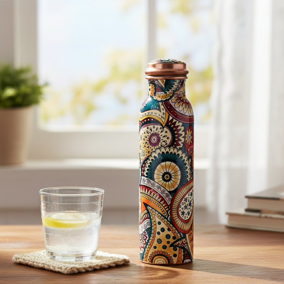 Copper Water Bottle - Colorful Paisley Joint Less Leak Proof Ayurveda Health Benefit Vessel for Sports and Yoga - 1000 ML