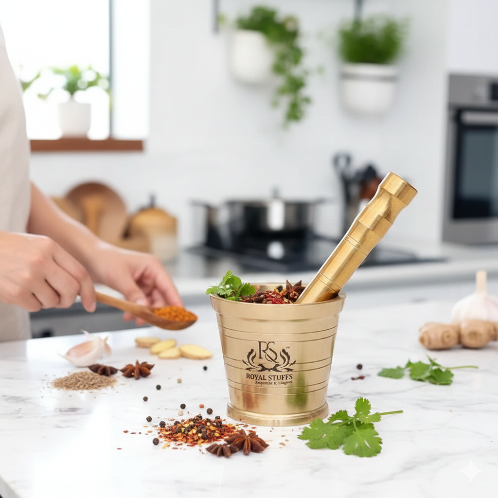 Heavy Brass Mortar Pestle Hand Smasher Kitchen Khalbatta Okhli Masher