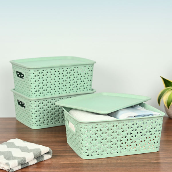 Green Hive 4.8L set of 3 | Earth Friendly Multipurpose Basket For Storage With Lid
