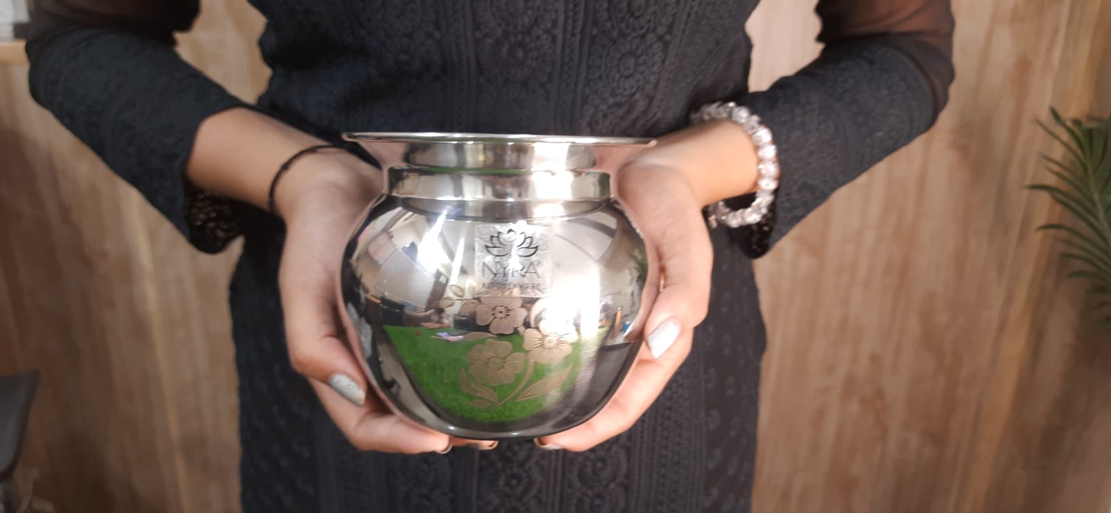 showing Stainless Steel Laser Printed Lota 