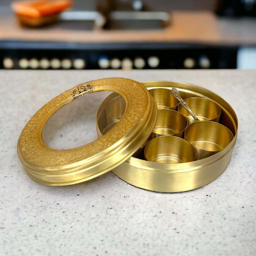 Brass Masala Dani Indian Spice Box with Brass and Glass Cover and Spoon 7 Containers For Kitchen medium size