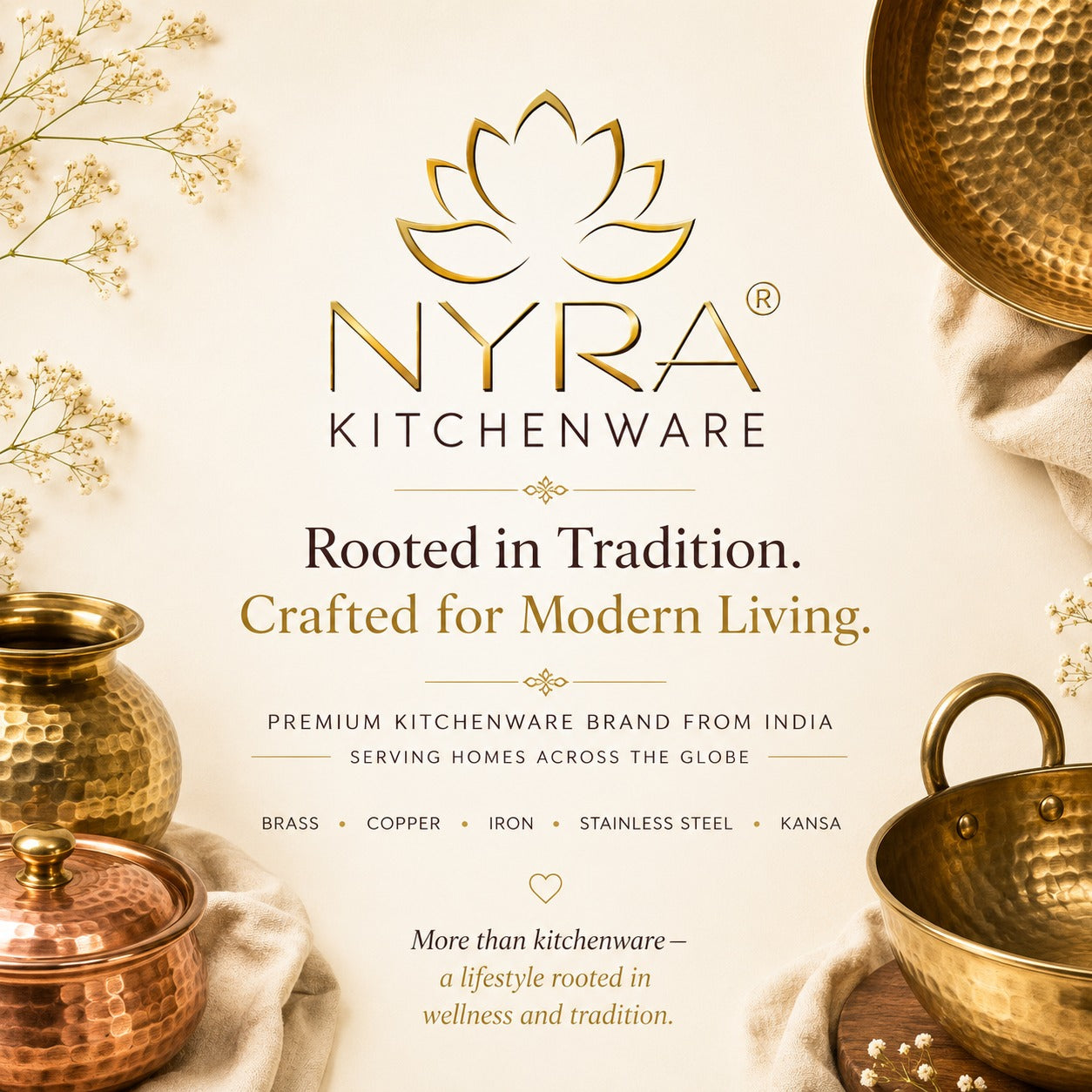 Nyra Kitchenware advertisement with gold kitchenware and branding elements.