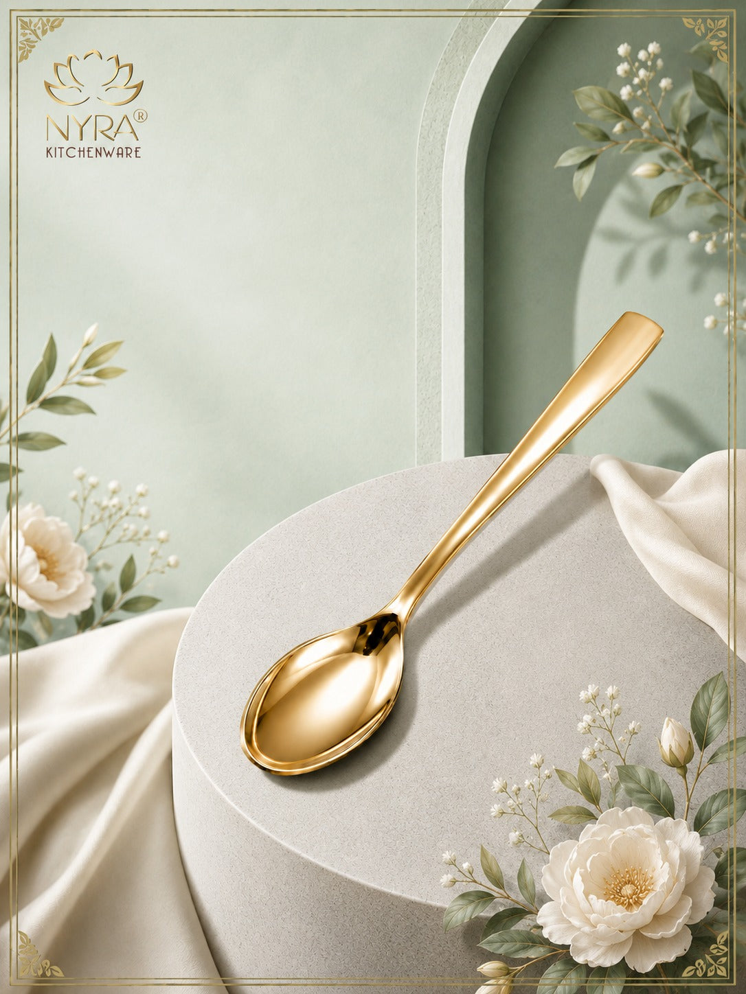 A polished gold metal spoon displayed diagonally on a round pedestal with draped cream fabric and floral accents, set against a soft sage green background. The brand logo 'NYRA KITCHENWARE' is visible in the top left corner.