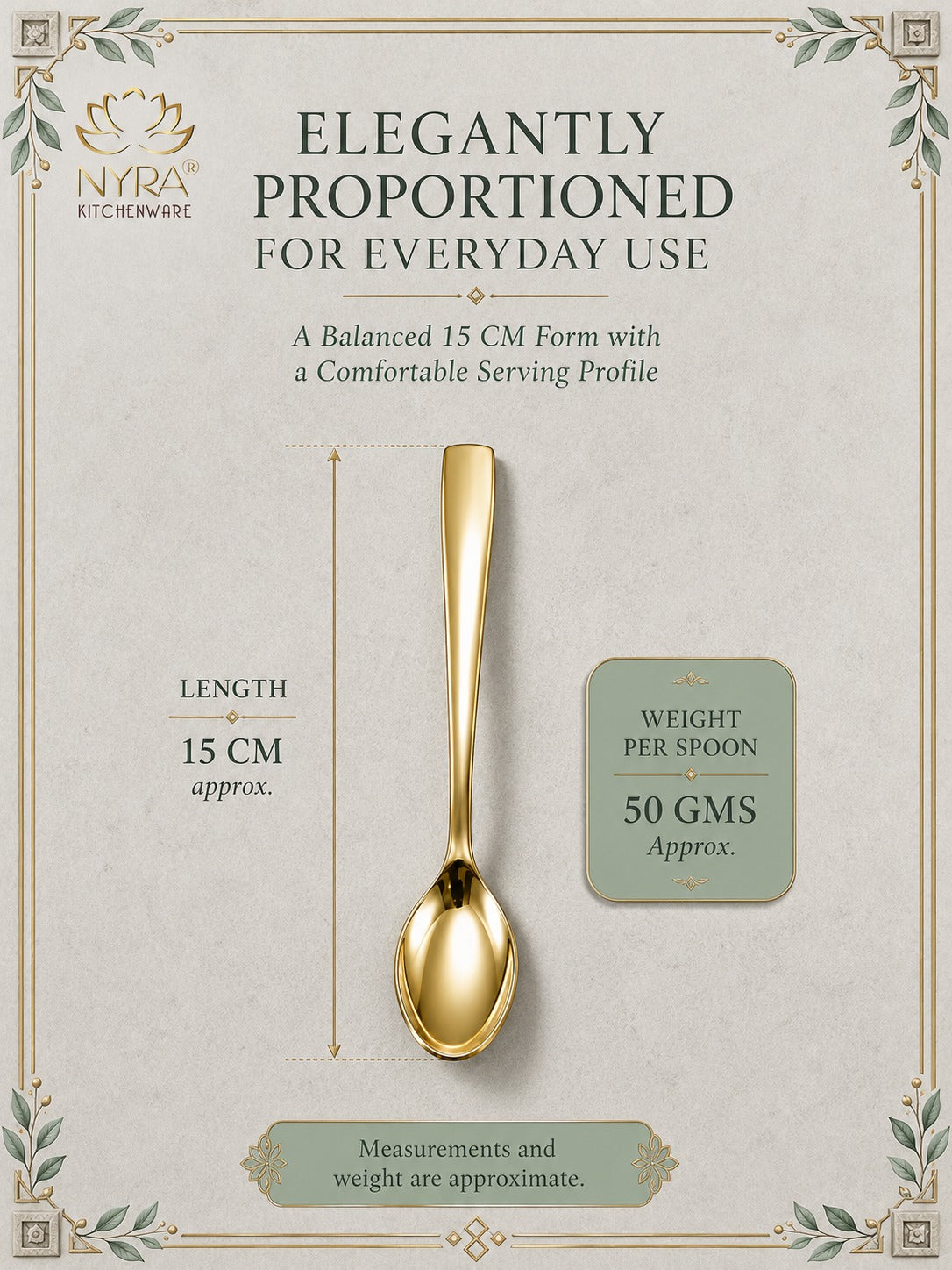 A gold-colored 15 cm serving spoon is shown on a beige textured background with decorative text and illustrations. The text reads 'ELEGANTLY PROPORTIONED FOR EVERYDAY USE' and includes measurements and weight details.