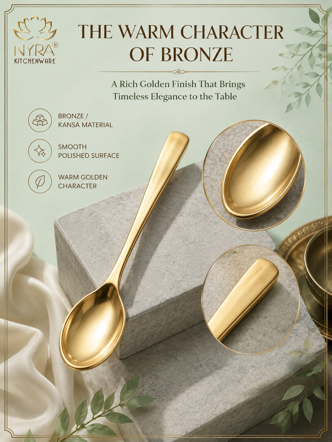A polished bronze-colored kitchen spoon displayed on a gray stone block with two circular close-up insets showing the spoon's finish. The background is a soft sage green with decorative botanical elements, draped white fabric, and text reading 'THE WARM CHARACTER OF BRONZE' and listing benefits such as bronze/kansa material, smooth polished surface, and warm golden character.