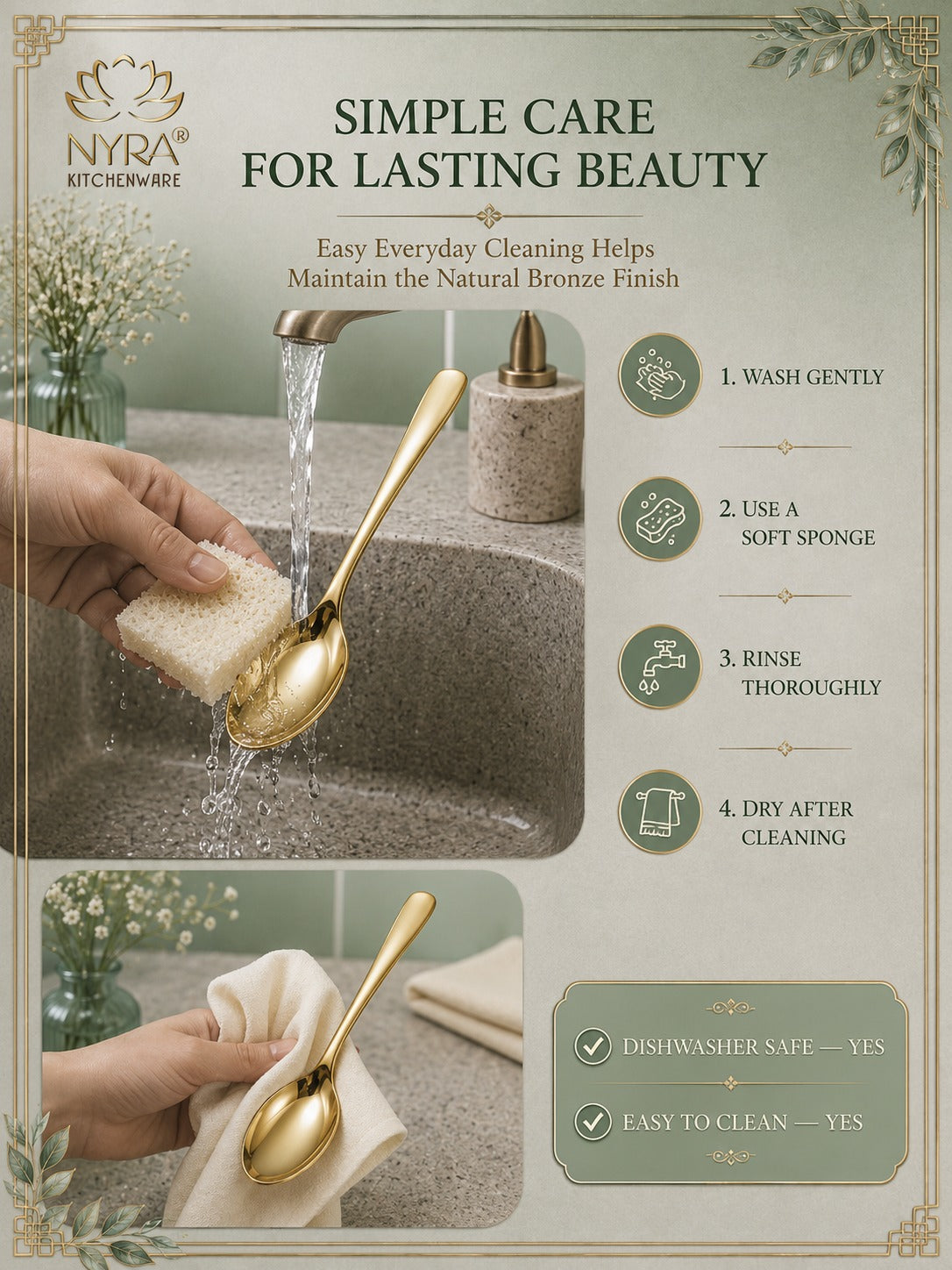 A promotional graphic for NYRA KITCHENWARE showing a gold spoon being cleaned in a sink with running water, alongside text instructions for simple care and a product feature badge. The design uses a warm beige and sage green color palette with decorative borders.