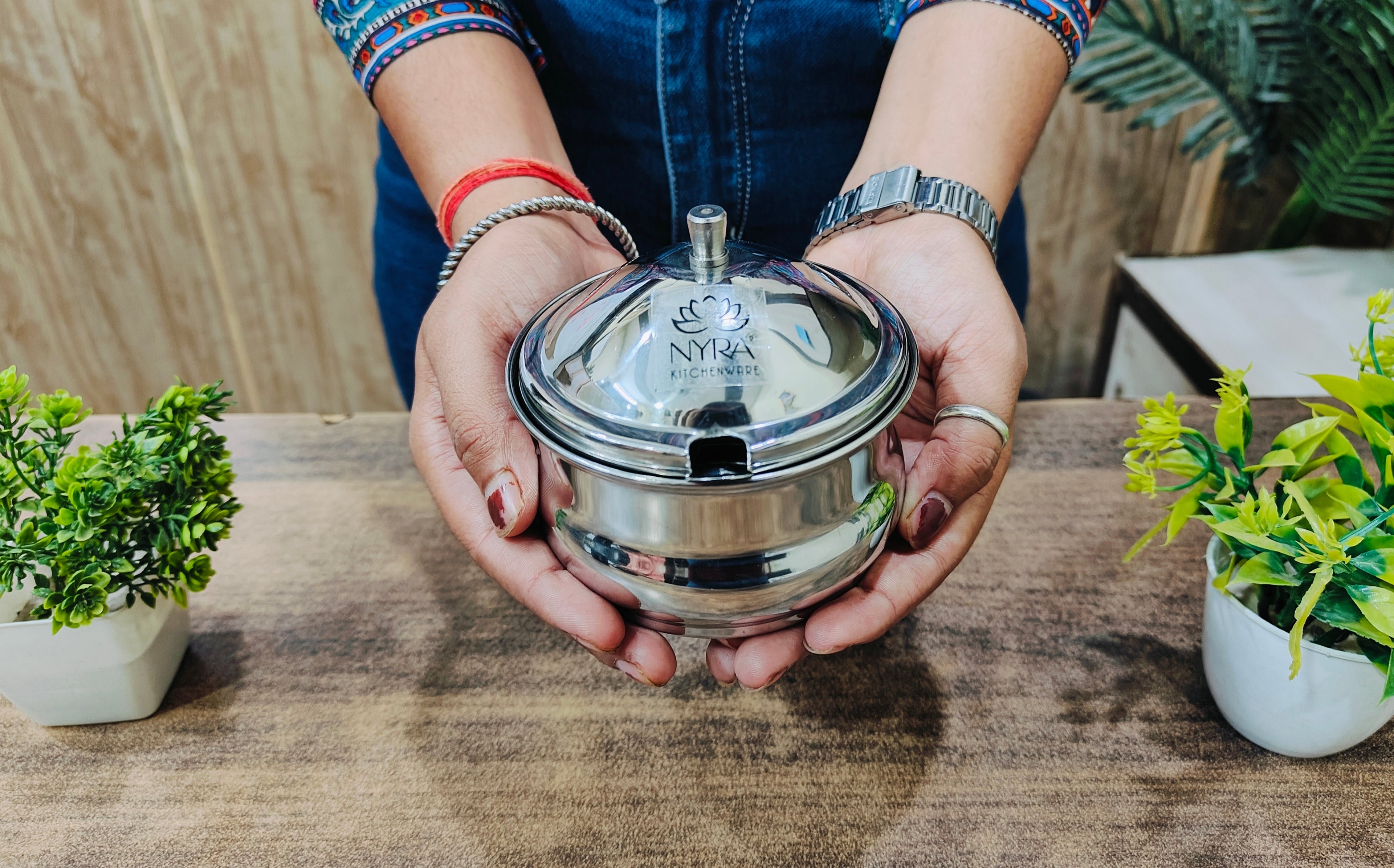 showing Stainless Steel Ghee Pot With Spoon 