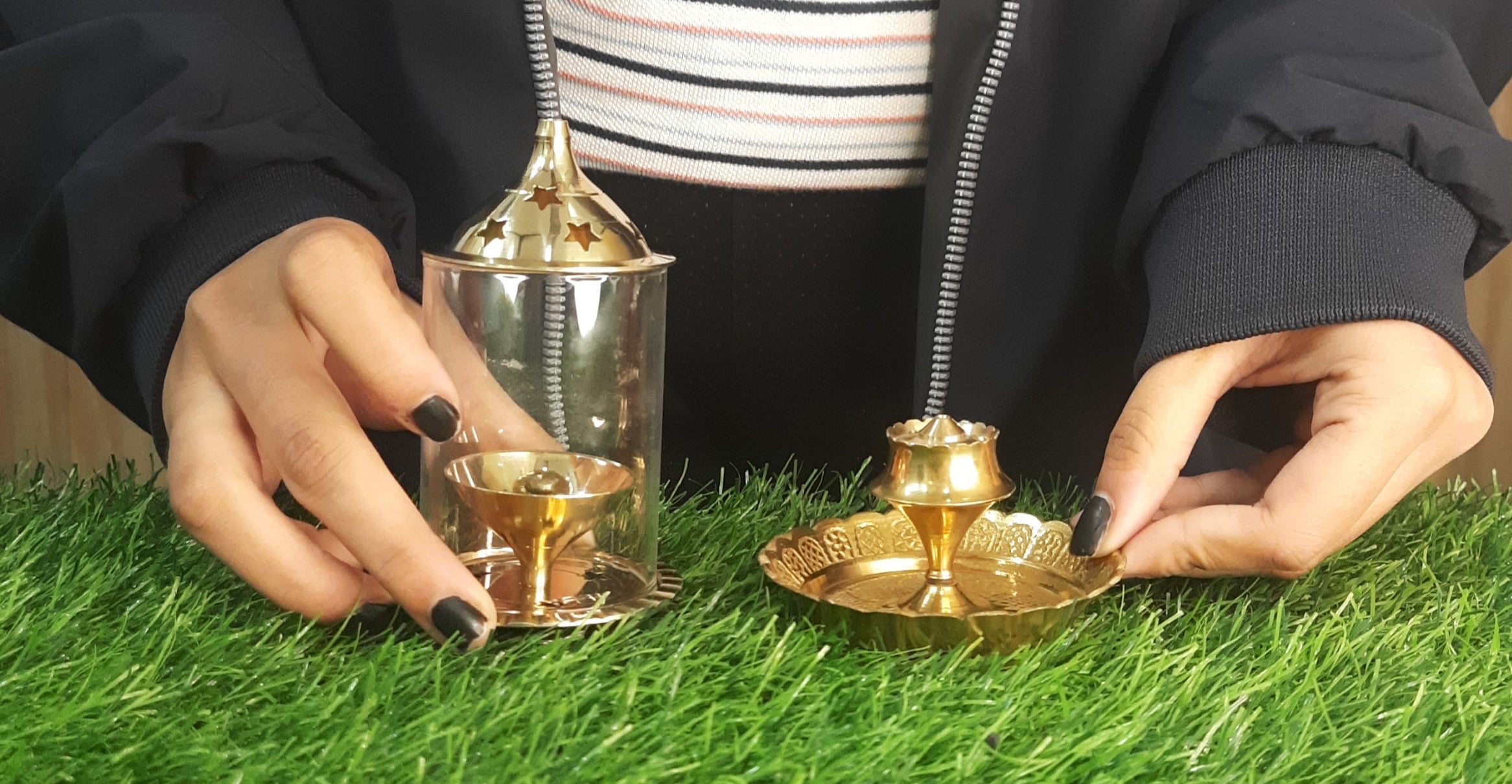 showing Brass Akhand Jyoti Diya with Borosiliate Glass Cover and Agarbatti stand Set/Combo