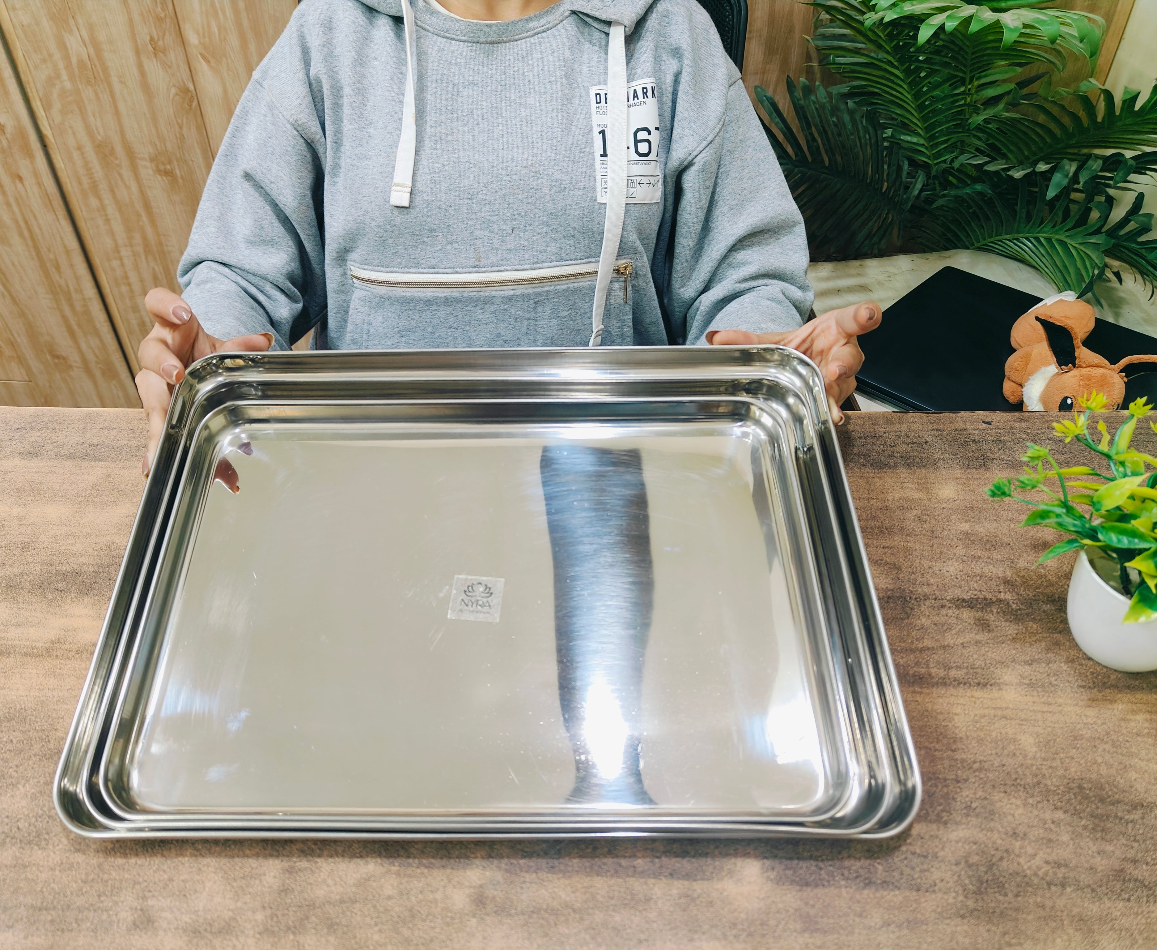 showing stainless steel serving tray