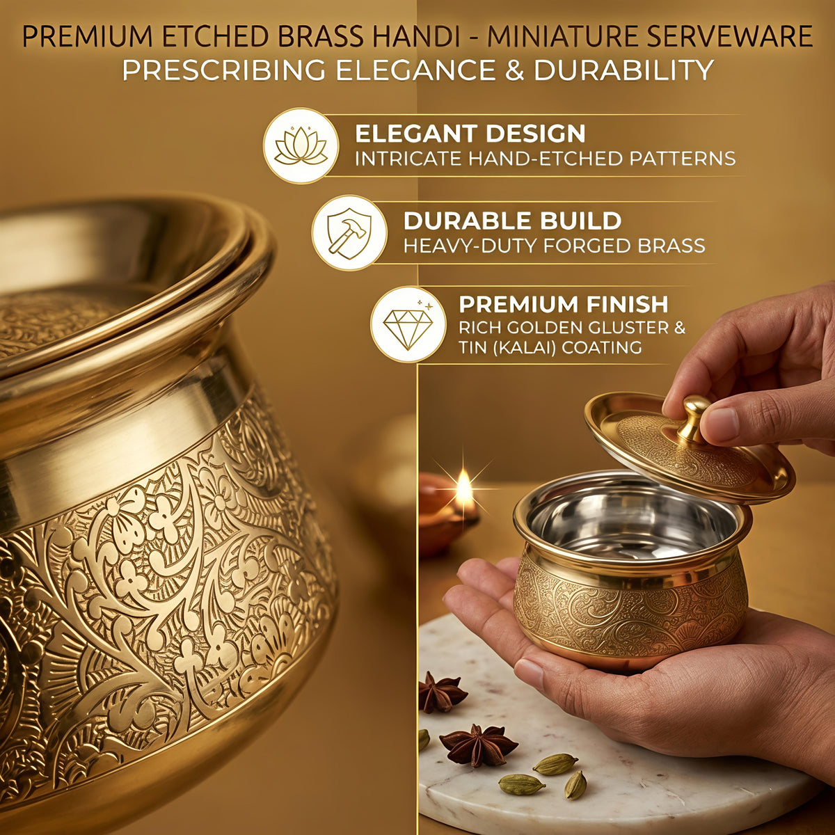 Premium Pure Brass Handi with Lid | Hand-Etched Traditional Serveware with Kalai (Tin) Coating