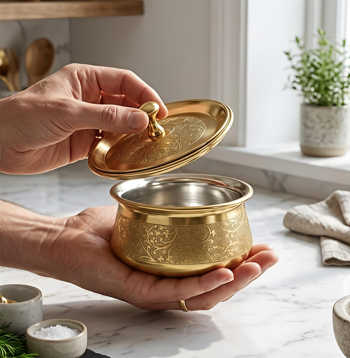Premium Pure Brass Handi with Lid | Hand-Etched Traditional Serveware with Kalai (Tin) Coating