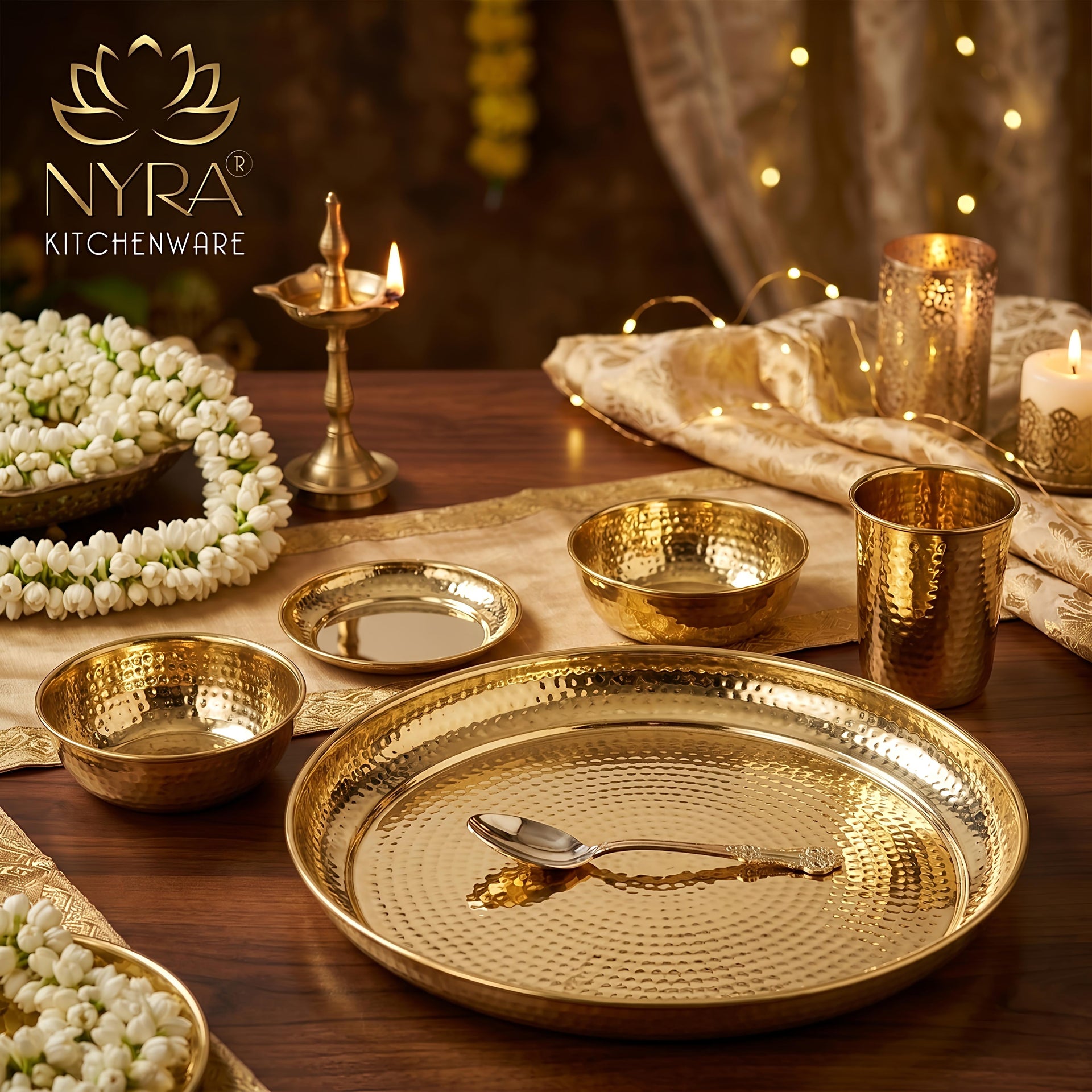 Premium Brass Hammered Thali Set of 6 Pcs | Traditional Dinnerware Peetal Bhojan Set - Glossy Finish Luxury Gifting ( Plate, 2 Bowls, Glass, Spoon & Pudding Dish )