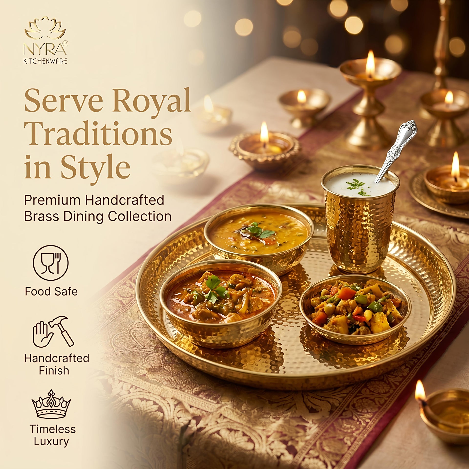 Premium Brass Hammered Thali Set of 6 Pcs | Traditional Dinnerware Peetal Bhojan Set - Glossy Finish Luxury Gifting ( Plate, 2 Bowls, Glass, Spoon & Pudding Dish )