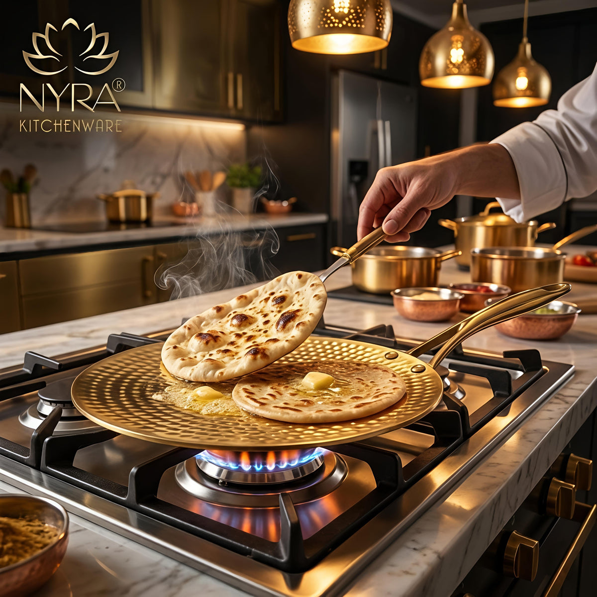 Premium Brass Hammered Tawa - 10-Inch Traditional Flat Griddle (Roti Pan) | Handcrafted High-Thermal Conductivity Crepe Pan with Ergonomic Handle