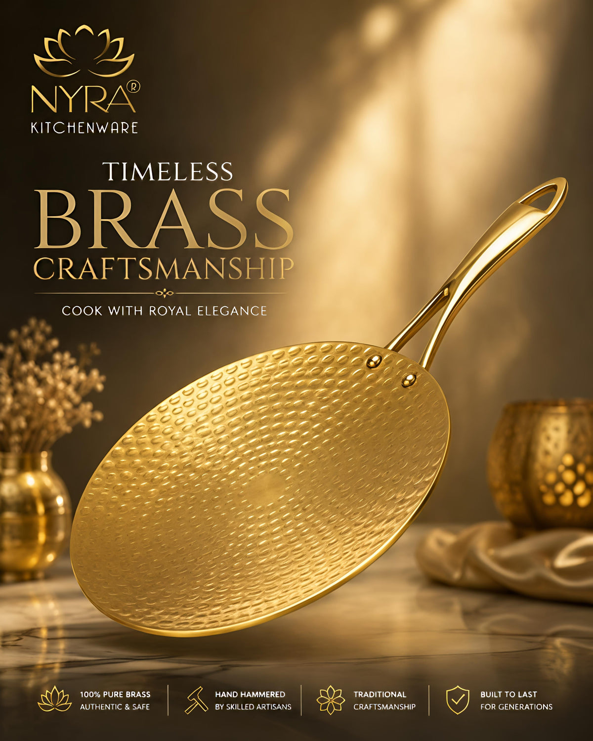 Premium Brass Hammered Tawa - 10-Inch Traditional Flat Griddle (Roti Pan) | Handcrafted High-Thermal Conductivity Crepe Pan with Ergonomic Handle