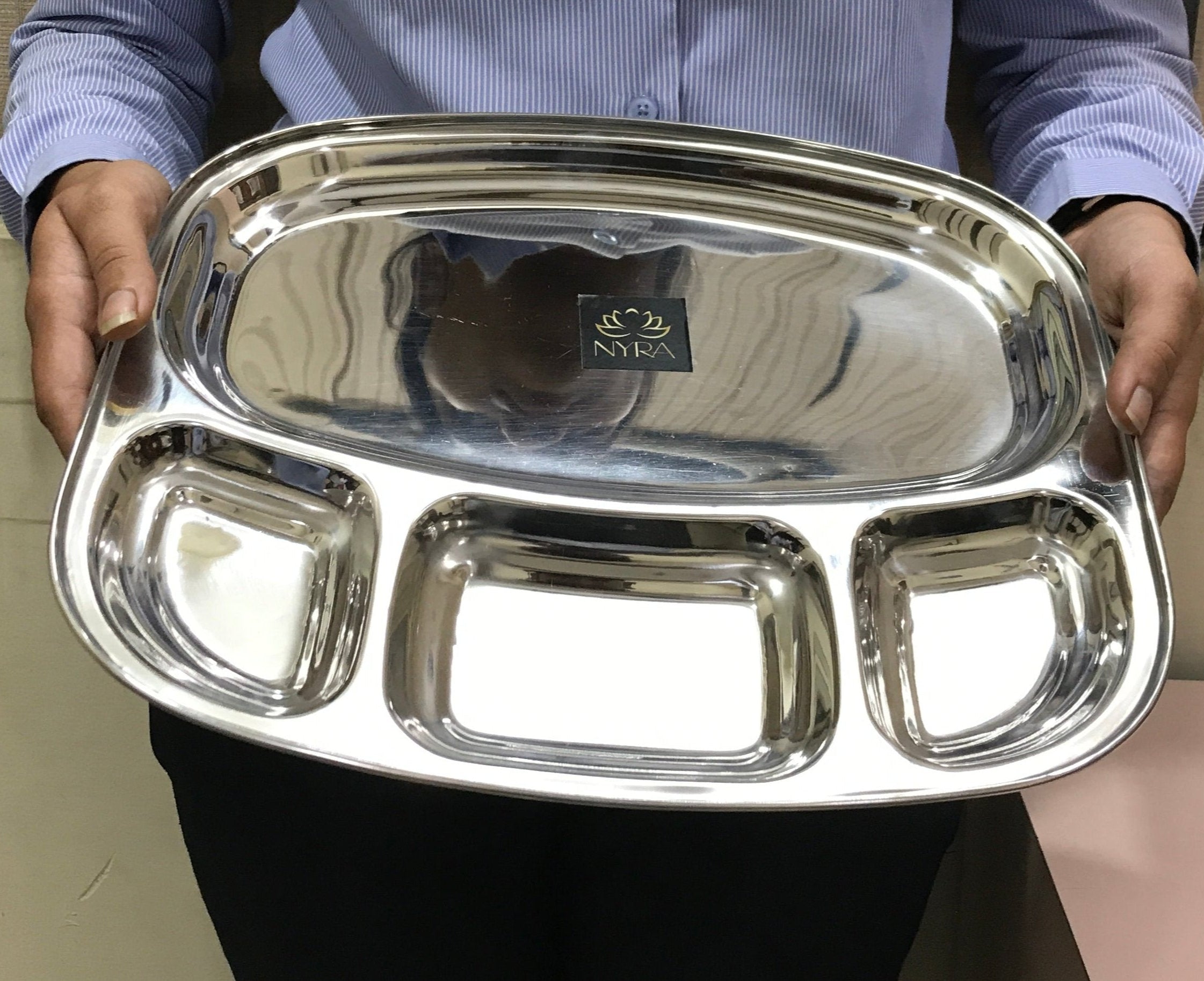 showing Stainless-Steel rectangle-shaped Bhojan Thali