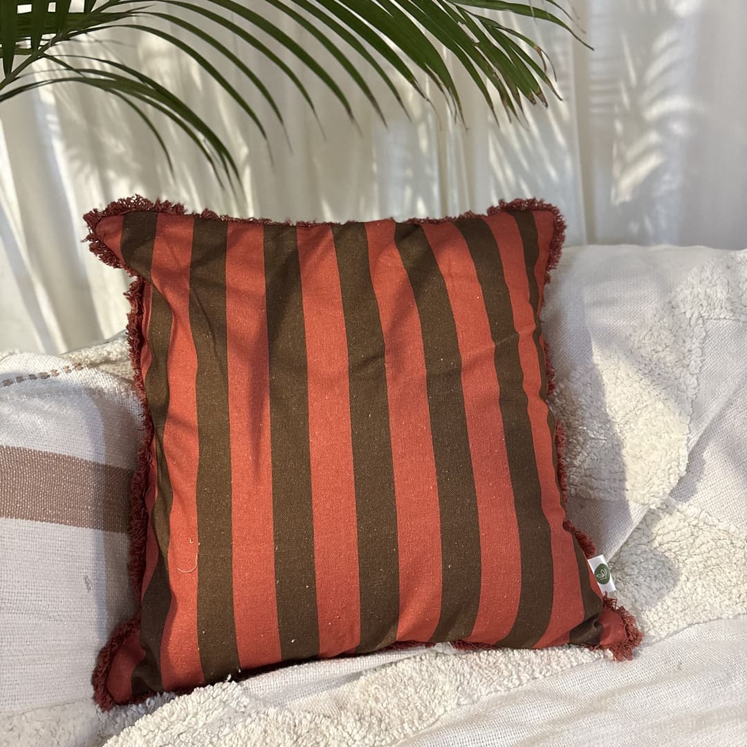 Terracotta Ember Ruffle Cushion Cover – Rust & Brown Stripes