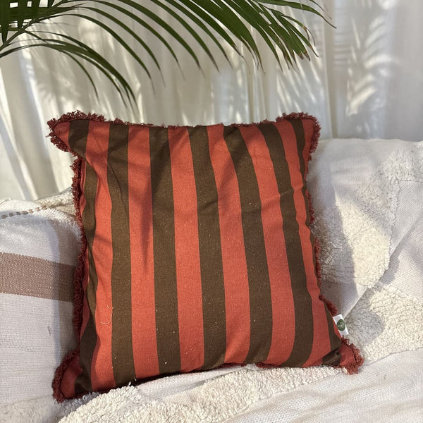 Terracotta Ember Ruffle Cushion Cover – Rust & Brown Stripes